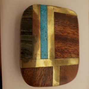 Turquoise,  brass, and wood belt buckle